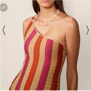 SUBOO $260 Jacquelyn Gold Pink Metallic Stripe One Shoulder One Piece Swimsuit